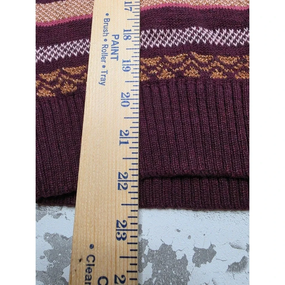 LOFT Scalloped Metallic Sweater Women's XS Burgundy Gold Striped